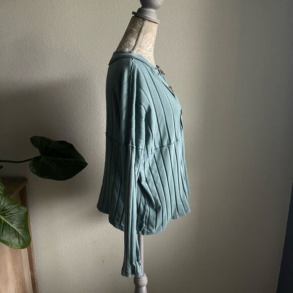 Free People In The Mix Ribbed Henley Top in Ocean Blue - Picture 7 of 12